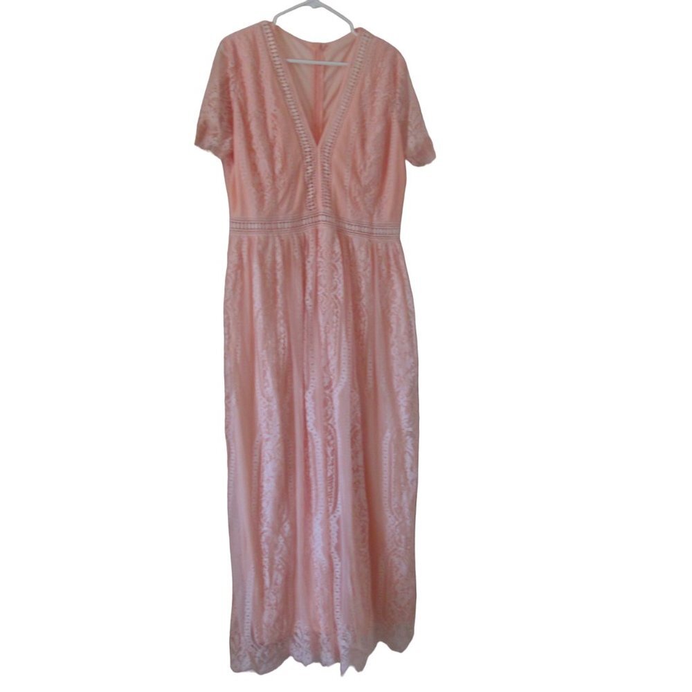 Long Flowy Maxi Dress Womens Peach Orange Short Sleeve Flared V Neck Zip Up Back